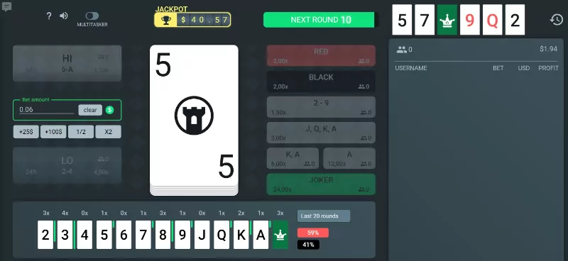 A detailed screenshot of an online Hi-Lo card game interface. In the center, a large white playing card displays a '5' with a black tower crest.