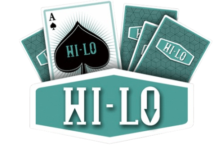 A promotional logo for a "HI-LO" card game featuring a central teal hexagonal badge with the white text "HI-LO" and a downward arrow next to the 'LO'.