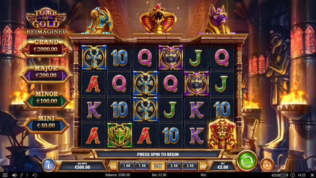 A screenshot of the "Tomb of Gold Reimagined" online slot game interface featuring an Egyptian theme.