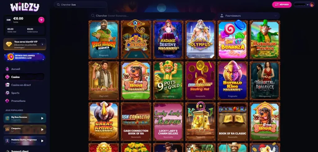A screenshot of the "Wildzy" online casino website, featuring a dark-themed sidebar on the left and a grid of slot game tiles on the right.