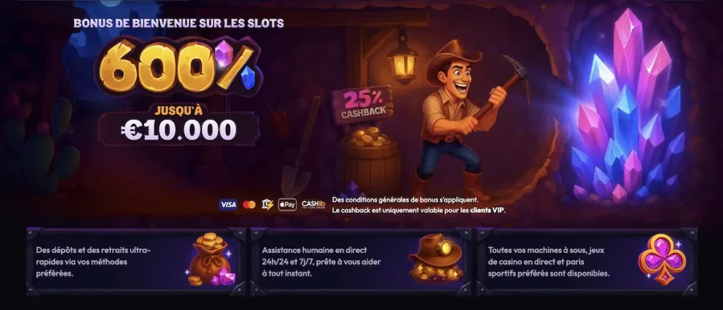 A wooden sign displays a "25% Cashback" offer next to a barrel of gold coins.