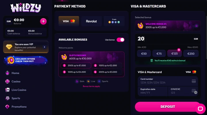 A screenshot of the "Wildzy" casino deposit page, featuring a dark purple interface and a left-hand navigation sidebar.