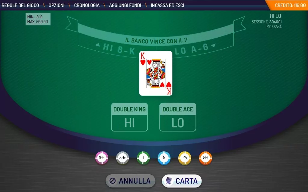 A digital interface for a "HI LO" card game set against a green felt table background.