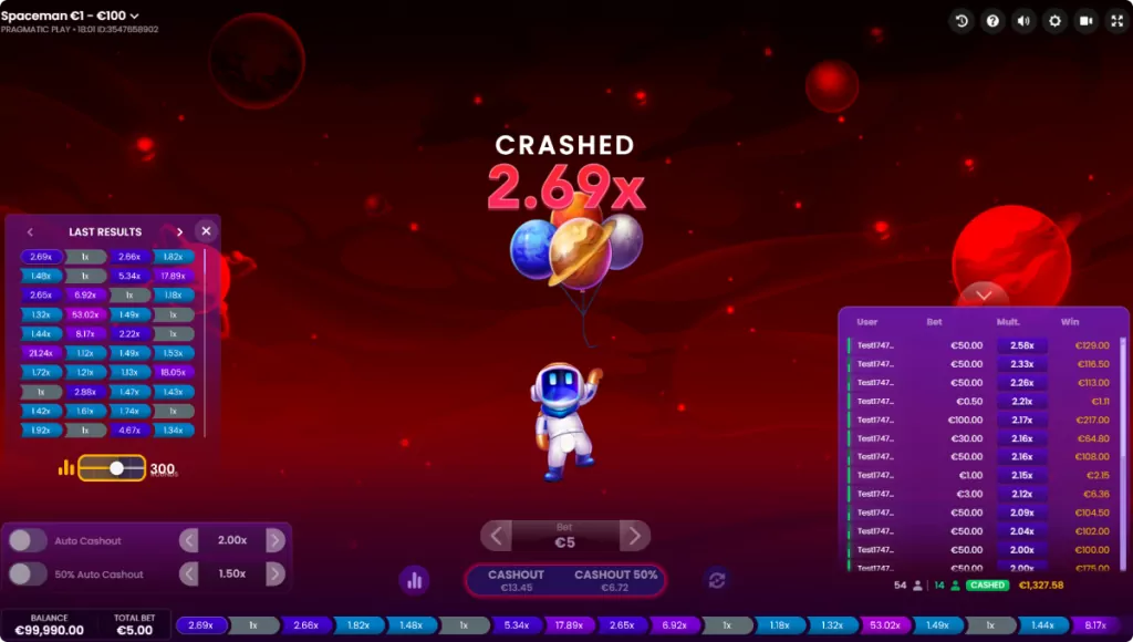 The scene is set in a deep red outer space environment where the astronaut character floats with planet-themed balloons.