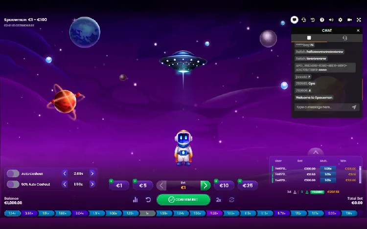 A screenshot of the "Spaceman" crash game interface set in a vibrant purple outer space environment with various planets and a flying saucer floating in the background.