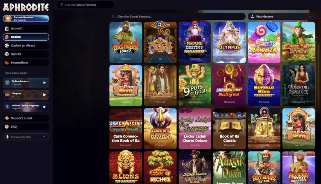 A screenshot of the "Aphrodite" online casino website, featuring a dark-themed sidebar on the left and a grid of game tiles on the right.