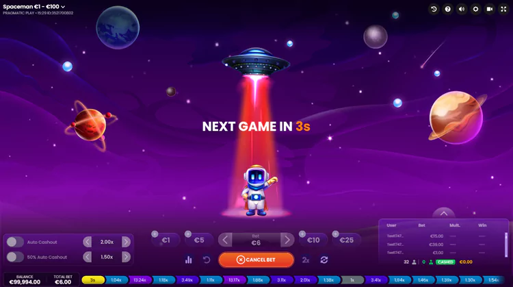 A screenshot of the "Spaceman" crash game by Pragmatic Play set in a purple outer space theme.