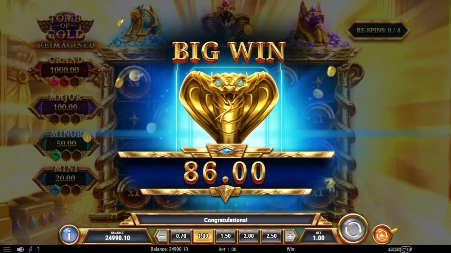 A large, golden cobra head icon is centered on the reels against a bright blue light.